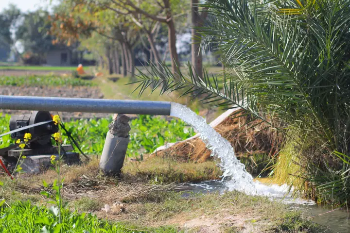 Tubería de un pozo descargando agua en un campo