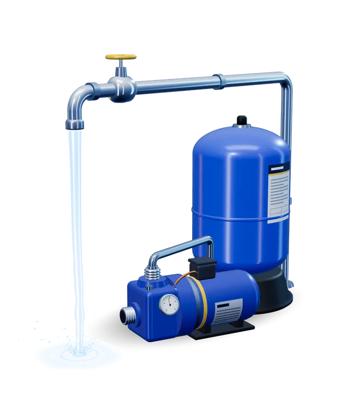 Bomba de agua junto a un tanque hidroneumático azul